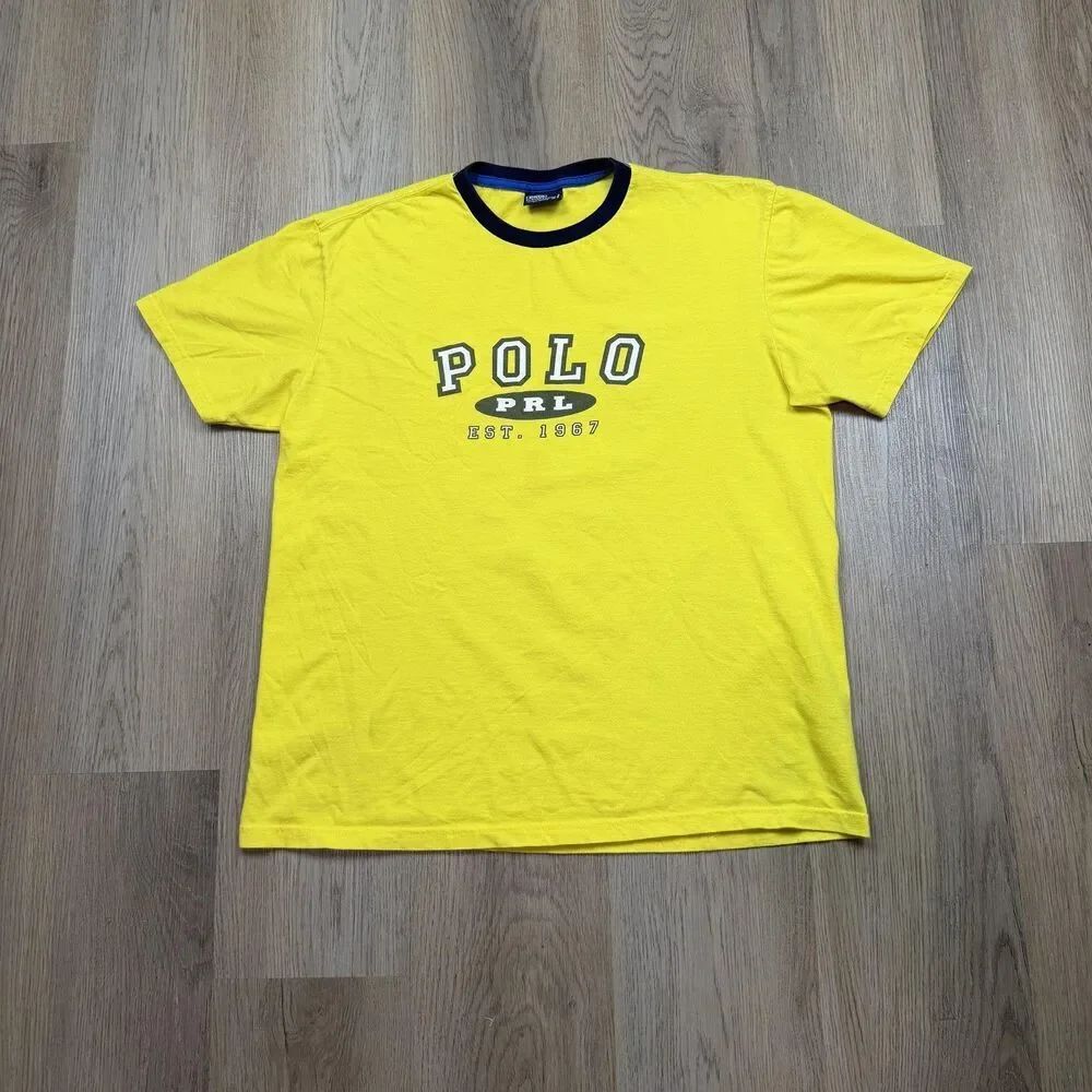 Polo Ralph Lauren Shirt Mens Medium Yellow Ringer PRL Graphic 90s Spell Out